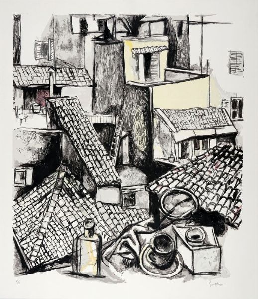 Renato Guttuso : Natura morta e i tetti.  - Asta Stampe, disegni e dipinti antichi, moderni e contemporanei - Associazione Nazionale - Case d'Asta italiane