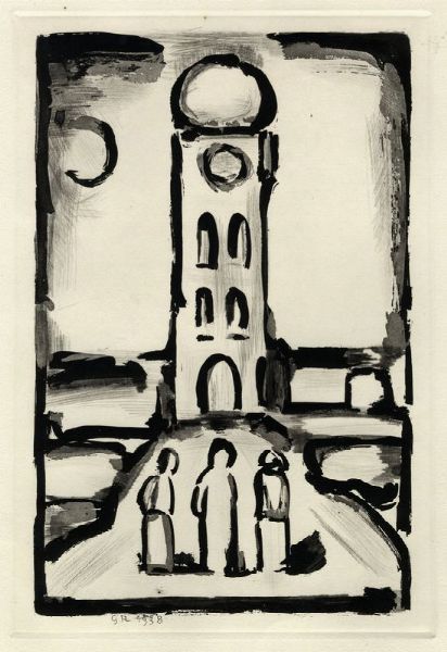 GEORGES ROUAULT : Paysage  la tour.  - Asta Stampe, disegni e dipinti antichi, moderni e contemporanei - Associazione Nazionale - Case d'Asta italiane