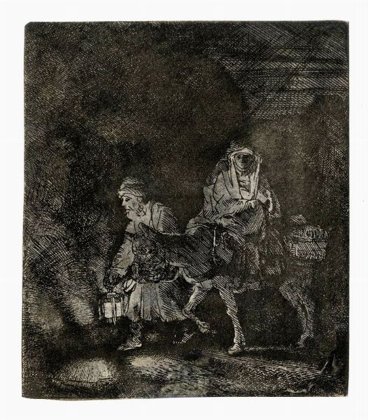 REMBRANDT HARMENSZOON VAN RIJN : La fuga in Egitto: episodio notturno.  - Asta Stampe, disegni e dipinti antichi, moderni e contemporanei - Associazione Nazionale - Case d'Asta italiane