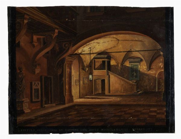 GIOVANNI MIGLIARA : Cortile della casa in Firenze ove abit Michelangiolo Bonarroti.  - Asta Stampe, disegni e dipinti antichi, moderni e contemporanei - Associazione Nazionale - Case d'Asta italiane