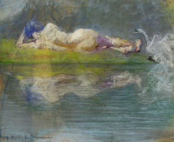 Pierre Puvis de Chavannes : Nudo femminile riflesso in uno specchio d'acqua.  - Asta Stampe, disegni e dipinti antichi, moderni e contemporanei - Associazione Nazionale - Case d'Asta italiane